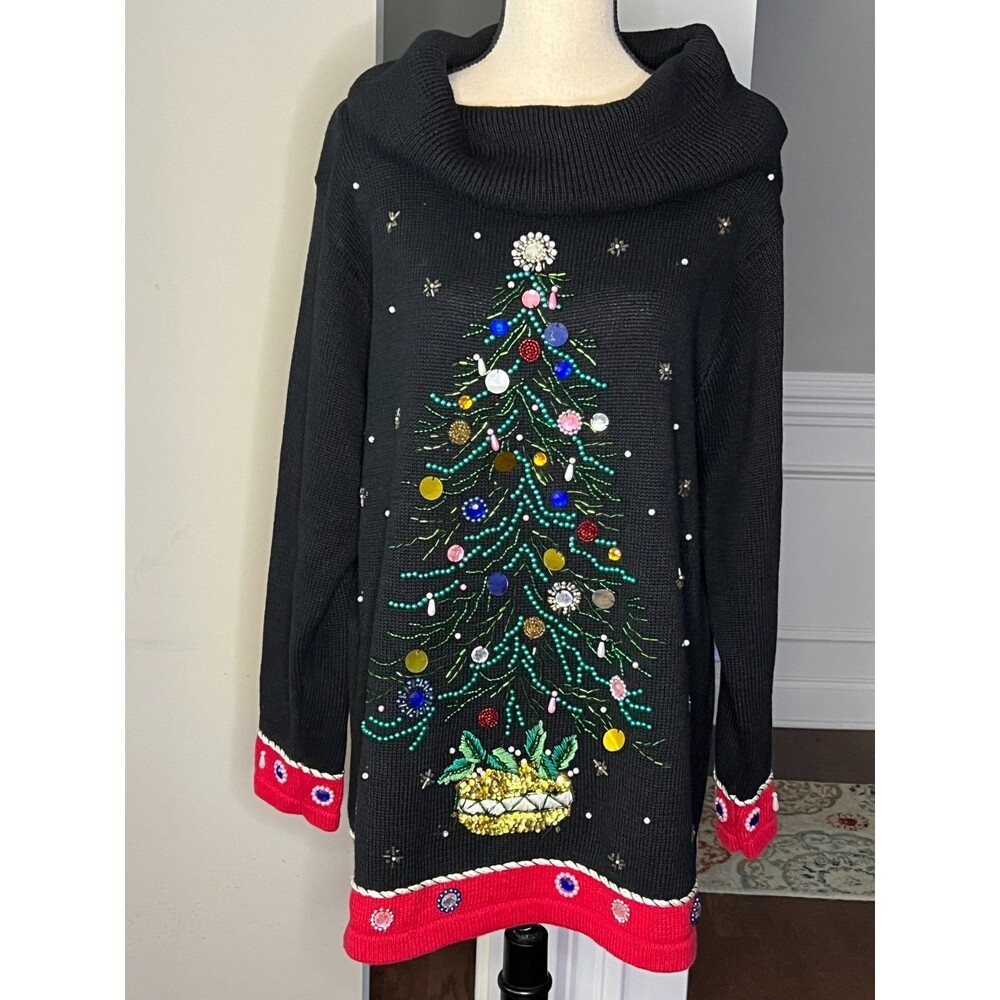 Vintage Victoria Jones Black Christmas Sweater Beaded Christmas Tree Sz L